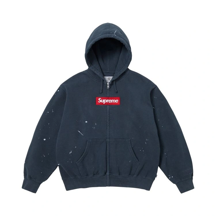Supreme × MM6 Maison Margiela Box Logo Zip-Up Hooded Sweatshirt, Navy, front; reference photograph