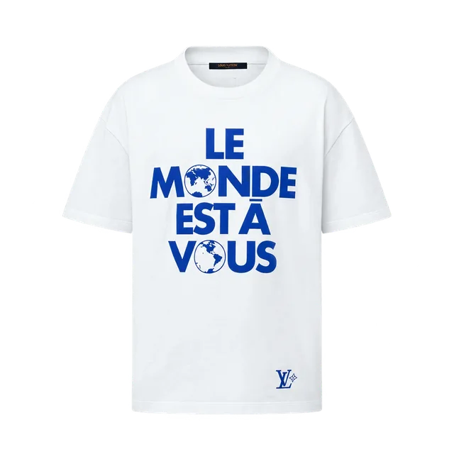 Louis Vuitton Le Monde Est à Vous T-Shirt, White / Blue, front view; reference photograph