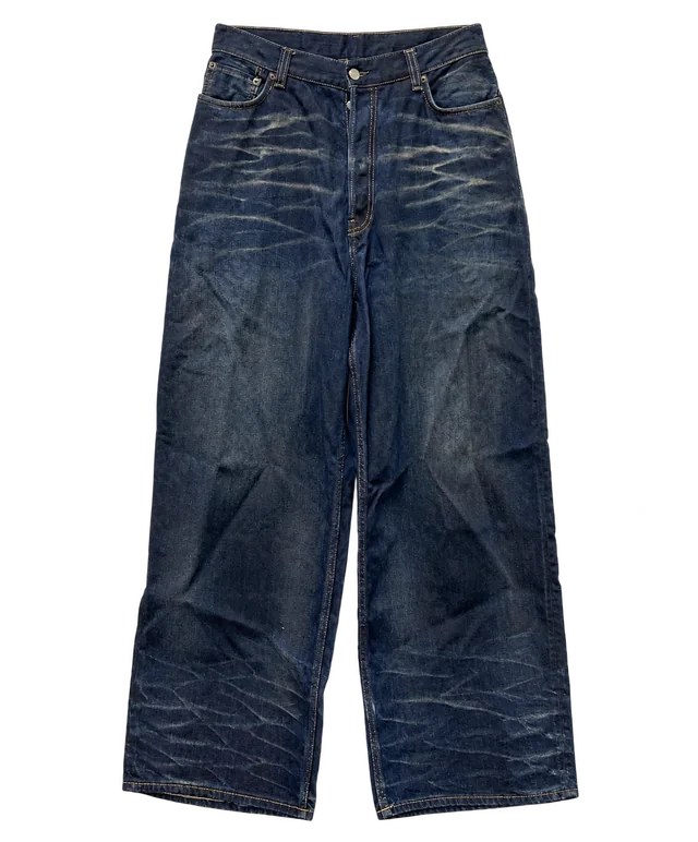 Acne Studios 2023M leather-pocket jeans in dark blue, front view; reference photograph