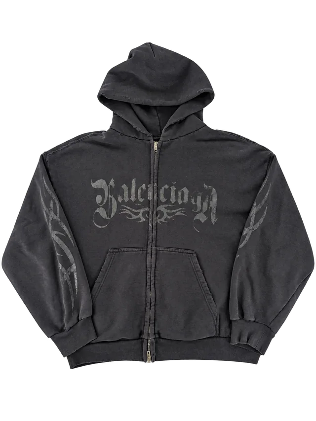 Balenciaga Tacky Logo Zip-Up Hoodie, Washed Black, front view; reference photograph