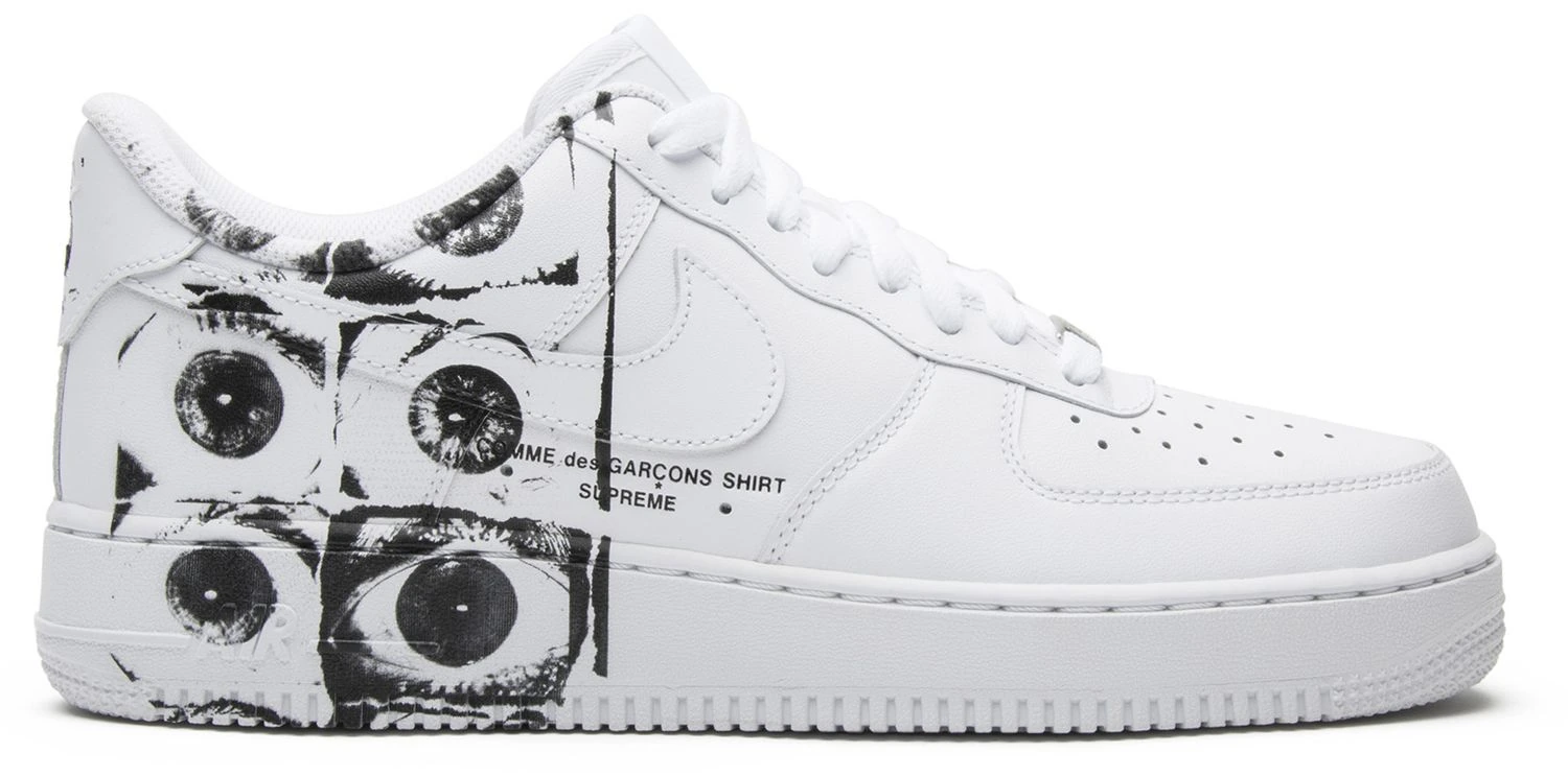 Nike x Supreme x Comme des Garçons SHIRT Air Force 1 Low Eyes, White, complete lateral side view; reference photograph.