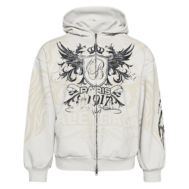 Balenciaga Tacky Gold Zip-Up Hoodie, Dirty White, front view; reference photograph