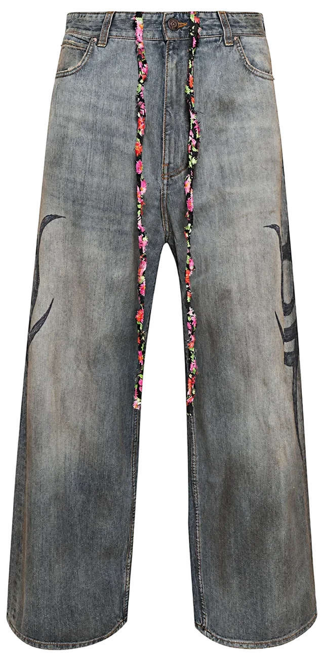 Balenciaga Y2K Stretched-Knee Baggy Jeans, Blue, front view; reference photograph