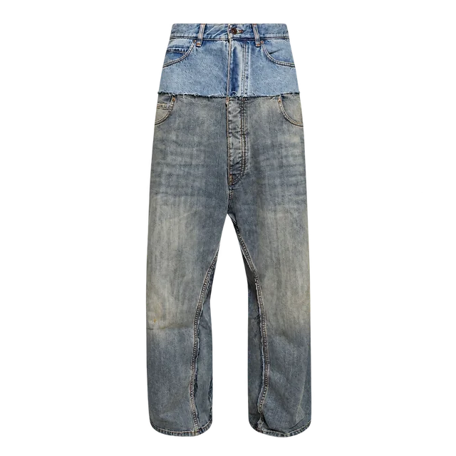 Balenciaga Cut-Up Baggy Jeans, Iced Blue, front view; reference photograph