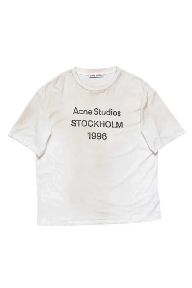 Acne Studios Distressed Logo Cotton and Hemp T-Shirt, Dusty White, complete front view; reference photograph