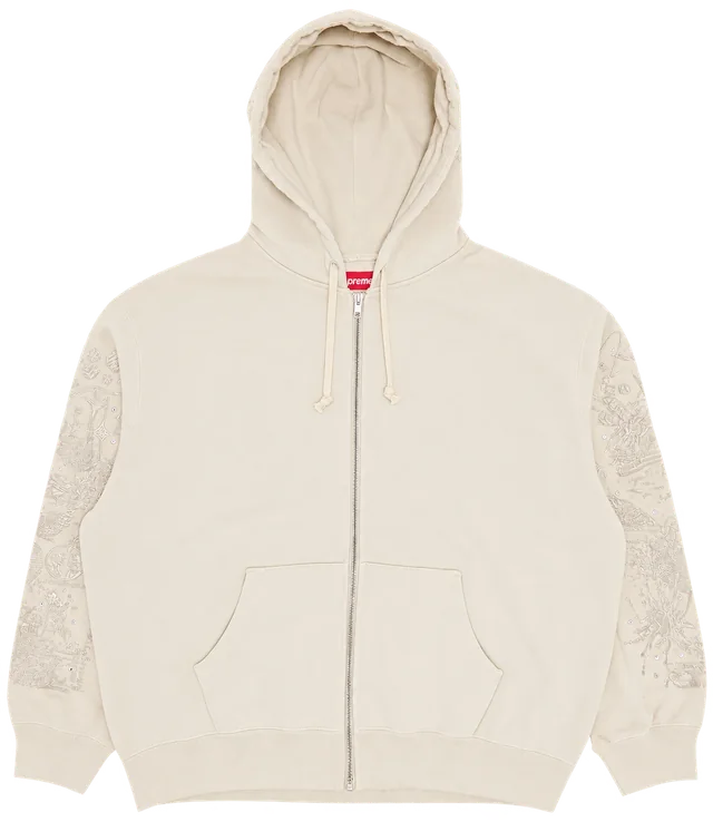 Supreme AOI Zip-Up Hooded Sweatshirt, Natural, front; reference photograph
