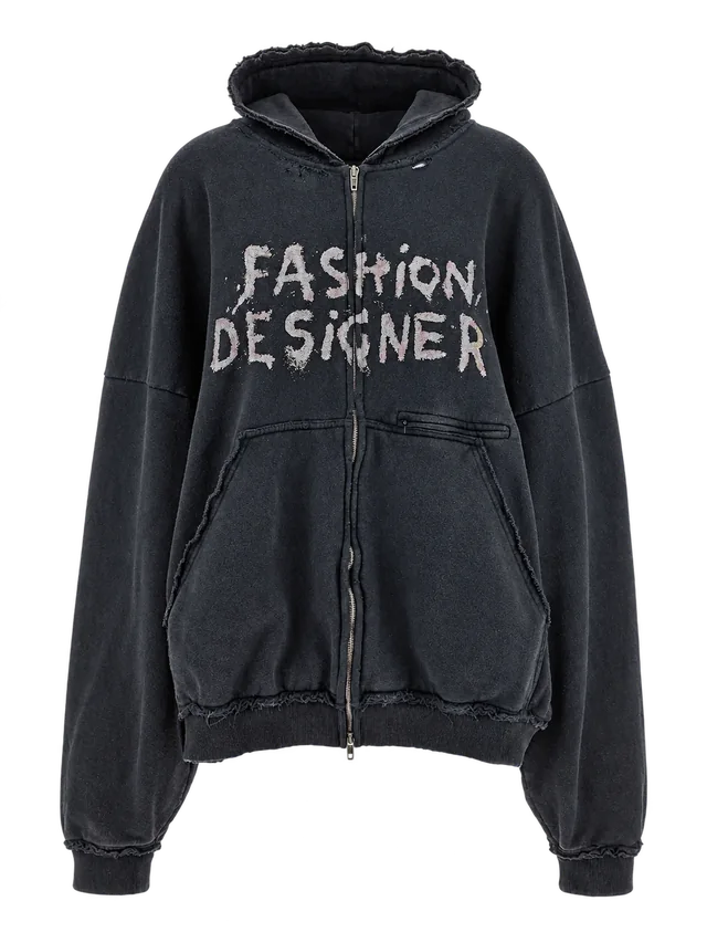 Balenciaga Fashion Designer Pulled Zip-Up Hoodie, Faded Black, complete front view; reference photograph