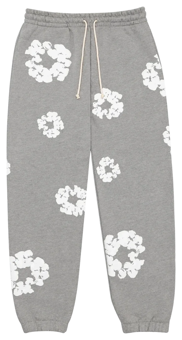 Denim Tears The Cotton Wreath Sweatpants, Grey / White, front view; reference photograph
