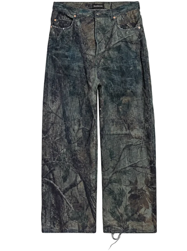 Balenciaga Feuillage Camo baggy cotton denim jeans in brown, front view; reference photograph