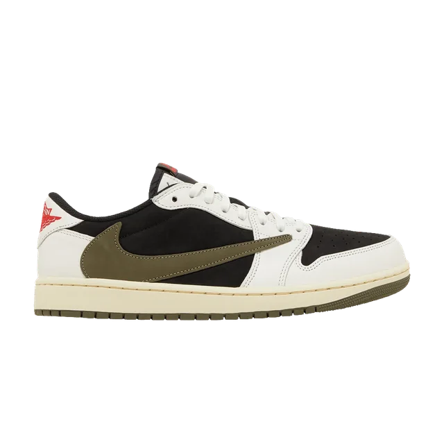 Air Jordan Travis Scott x Air Jordan 1 Low OG Olive, complete lateral side; native transparent reference photograph