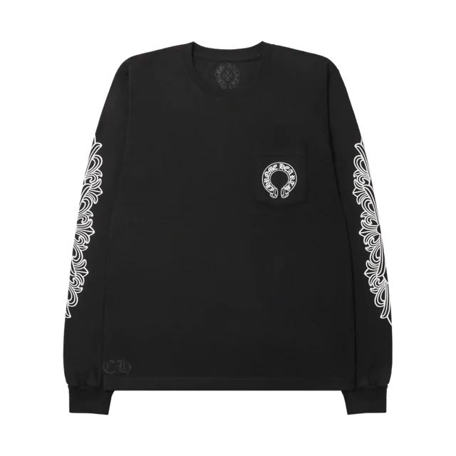 Chrome Hearts Floral Horseshoe Long-Sleeve T-Shirt, Black, complete front view; reference photograph