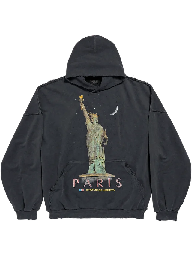 Balenciaga Paris Liberty Distressed Hoodie, Faded Black, front view; reference photograph