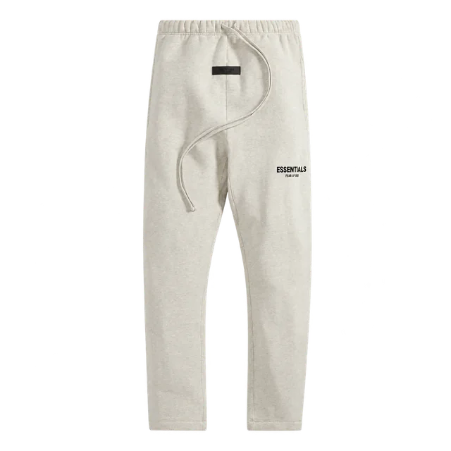 Fear of God Essentials Relaxed Open-Hem Sweatpants, Light Oatmeal, complete front view; reference photograph