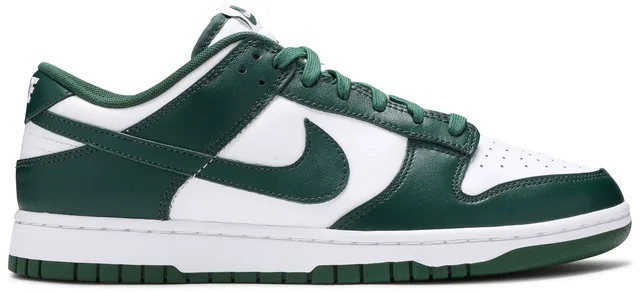 Nike Dunk Low — Michigan State, complete shoe, lateral side view; reference photograph