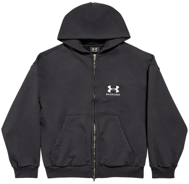 Balenciaga Under Armour Zip-Up Hoodie, Black / White, front view; reference photograph
