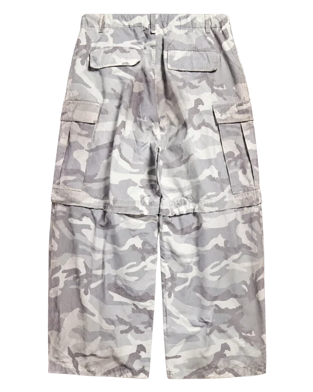 Balenciaga Convertible Camo Cargo Pants, Light Grey, complete back view; reference photograph