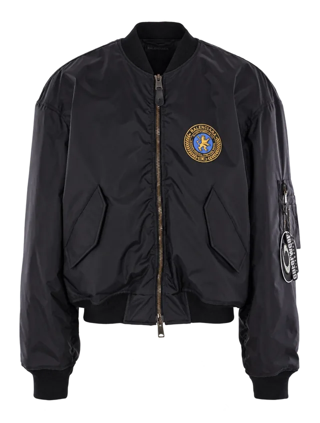 Balenciaga Large Nylon Bomber Jacket, Black, complete front view; reference photograph